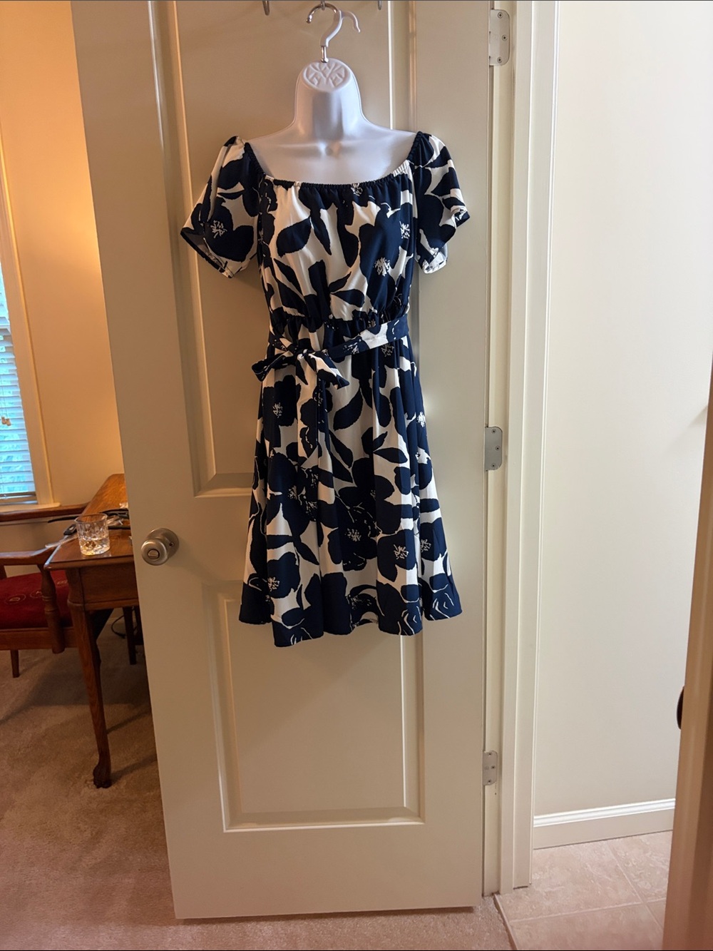 Navy & White Floral Off-Shoulder Mini Dress